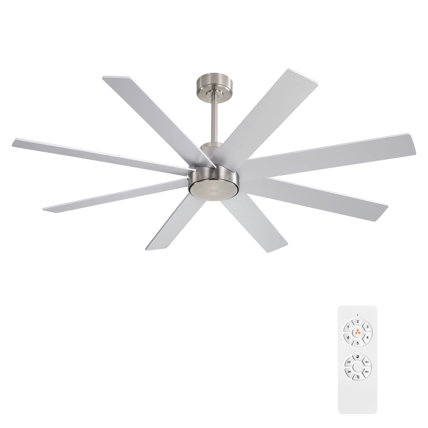 WINGBO 60" Large DC Ceiling Fans without Lights, 3 Downrods, 8 Plywood Blades, 6-Speeds Reversible DC Motor, Indoor Ceiling Fan No Lights for Bedroom Living Room Patio, Brushed Nickel and Silver