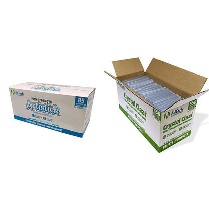 Adtech Hot Glue Sticks, White & Clear, 85 Full Size (10" x 0.44") & 550 Mini Size (4" x 0.28"), Crystal Clear, Multi-Temp, Versatile Material Bonding, Craft, Art, School, Repair, Woodworking