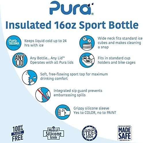 16oz/473ml Pura Sport Insulated Bottle w/Sleeve & Silicone Big Mouth Top - Stainless Steel, Warm & Cold, Leak-Proof