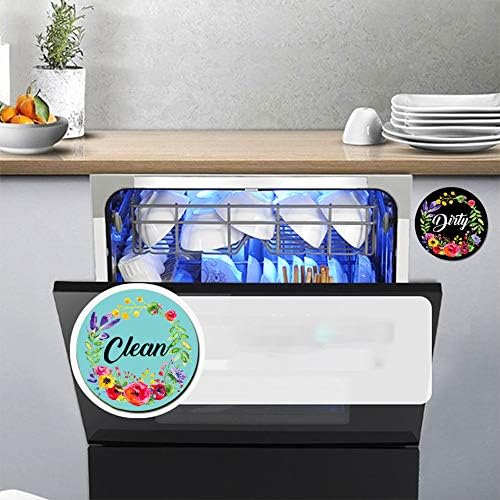 Dishwasher Magnet Clean Dirty Sign Indicator, Double Sided Kitchen Magnet with Magnetic Plate, Reversible Flower Wreath