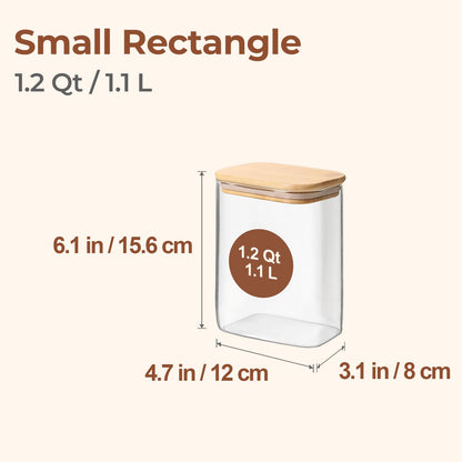 ComSaf 1.2 Qt Rectangle Glass Storage Containers with Lids, Glass Jars with Bamboo Lids, Clear Food Storage Jar, Sugar Coffee Containers, Pantry Container for Pasta Tea Candy Nut