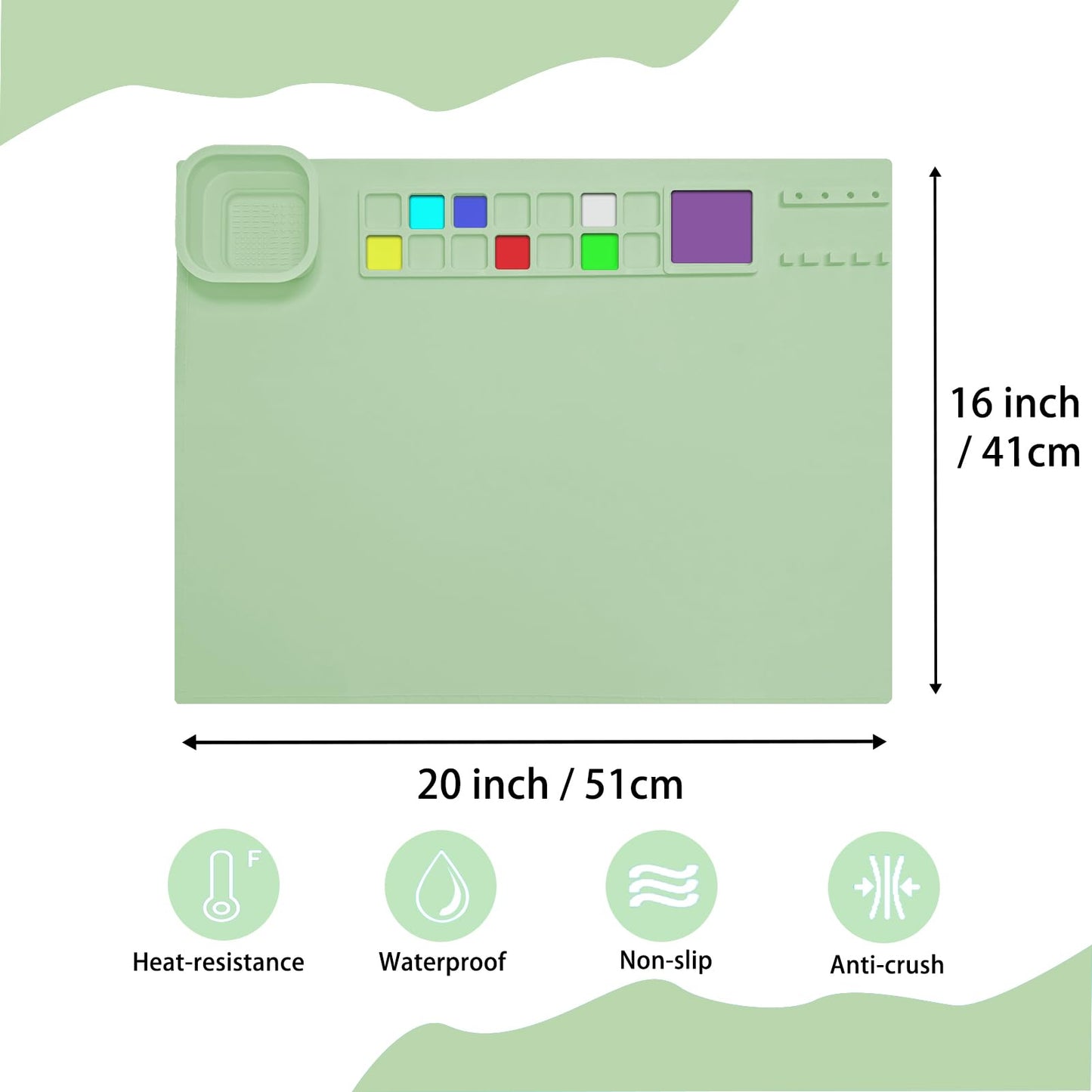 SOQKEEN Silicone Painting Mat 20"x16" Paint Mats with Cup Collapsible Non-Stick Craft Mat Playdough Beading Matt for Resin Coloring Drawing Art Crafting Doh Handmade DIY (Green)