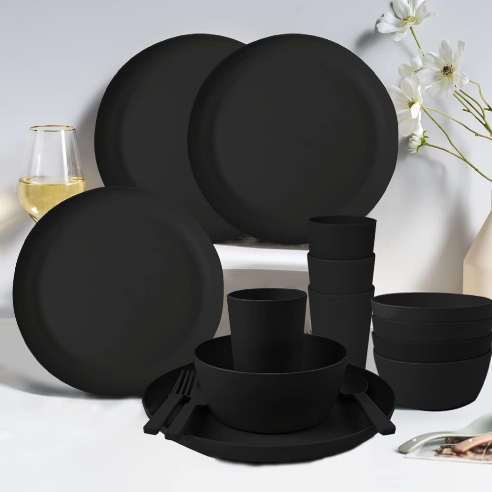 Wheat Straw Dinnerware Sets - 24 pcs Lightweight Unbreakable Cups, Cutlery, Plates & Bowls for 4