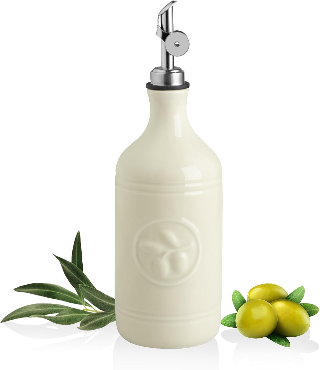 16 Oz 1 Pack(Beige, Sweejar Ceramic Olive Oil Dispenser Bottle, Oil Dispenser for Kitchen with Gravity Spout, Relief