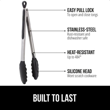 GORILLA GRIP Stainless Steel Heat Resistant Kitchen Tongs for Cooking, 9 + 12 Inch, Set of 2 BBQ Tong, Non Scratch Silicone Tip for Pan, Strong Grip, Grab Food, Toss Salad, Air Fryer, Pull Lock, Black