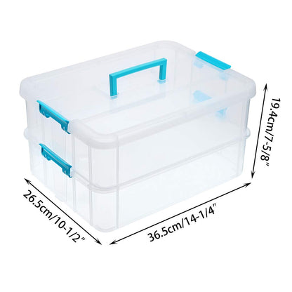 BTSKY 2 Layer Stack & Carry Box, Plastic Multipurpose Portable Storage Container Box Handled Organizer Storage Box for Organizing Stationery, Sewing, Art Craft, Jewelry and Beauty Supplies Blue
