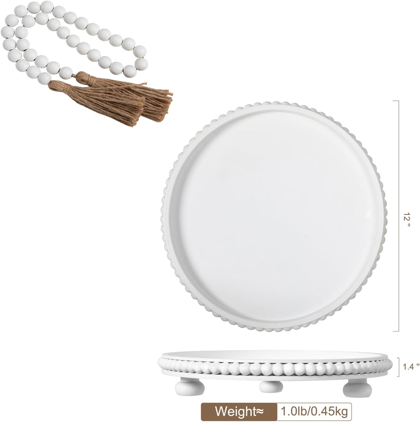 12in White Round Wooden Tray with Wood Beaded Garland for Home Decor- Decorative Tray for Living Room Decor, Coffee