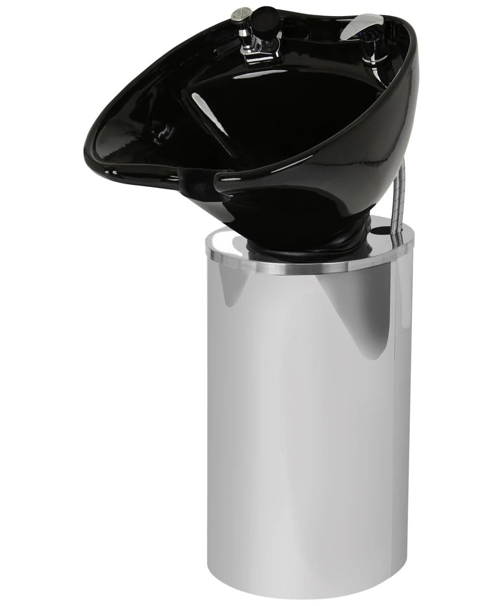 Buy-Rite Paris Pedestal Shampoo Unit – Professional Salon Shampoo Station with Tilting Porcelain Bowl, Silver Base with Black Bowl – Includes Faucet, Spray Hose, Drain & Vacuum Breaker