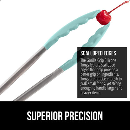 GORILLA GRIP Stainless Steel Heat Resistant Kitchen Tongs for Cooking, 9 + 12 Inch, Set of 2 BBQ Tong, Non Scratch Silicone Tip for Pan, Strong Grip, Grab Food, Toss Salad, Air Fryer, Pull Lock, Black