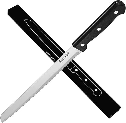 10 Inch Serrated-Bread Knife, Black Full-Tang Stainless Sharp Wavy Edge for Slicing Bread