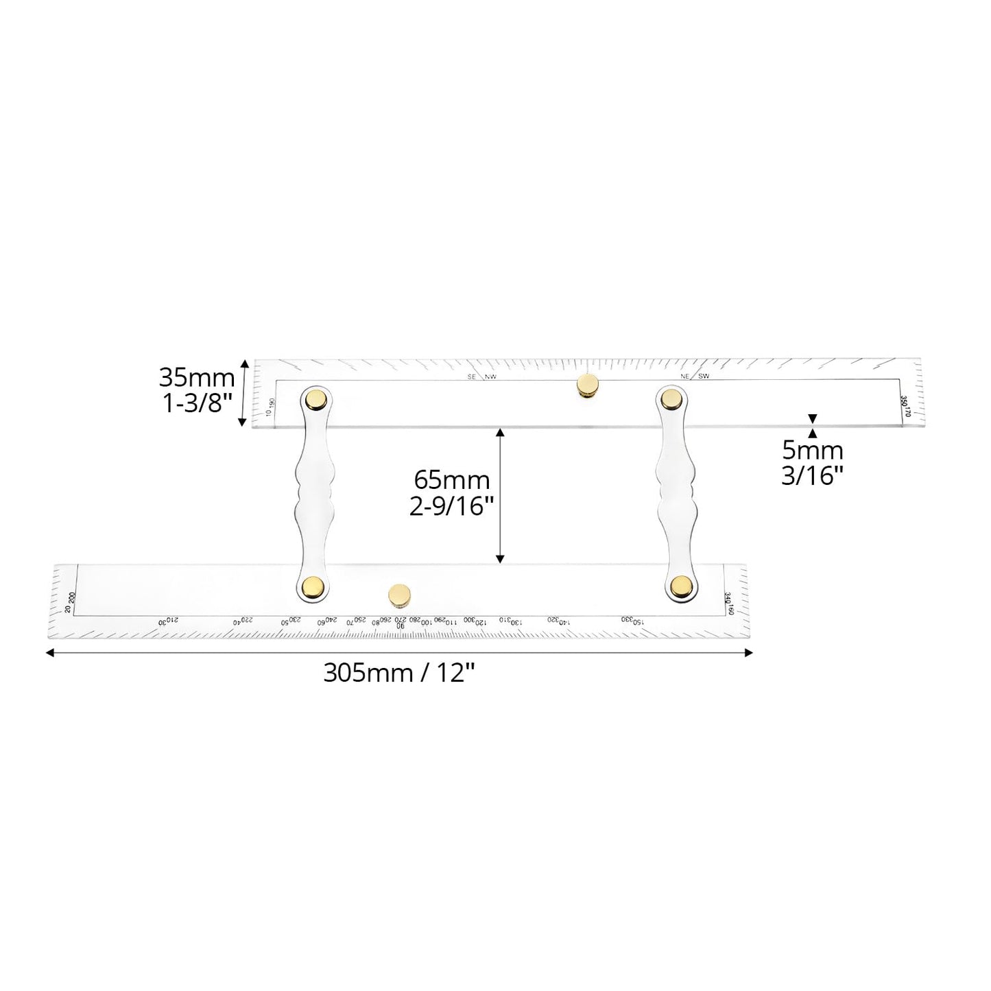 QWORK Parallel Ruler with Clear Markings, 12 in Navigation Plotting Tool, Clear Scale Nautical Plotter, Mapping Points to Pull Parallel Ruler