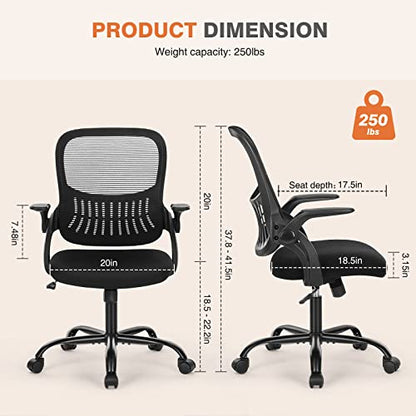 Sweetcrispy Office Computer Desk Chair, Ergonomic Mid-Back Mesh Rolling Work Swivel Task Chairs with Wheels, Comfortable Lumbar Support, Comfy Flip-up Arms for Home, Bedroom, Study, Student, Black