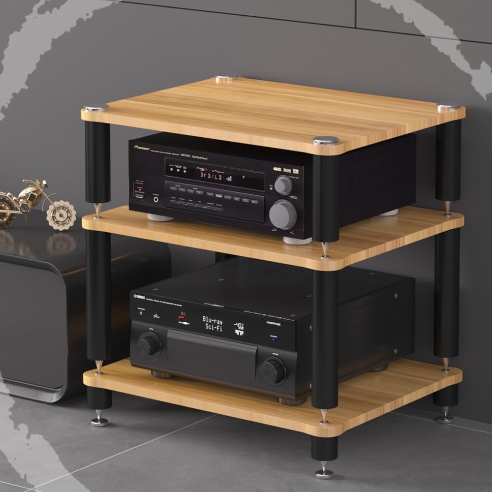 BERWDUXA HiFi Rack 3 Tier AV Media Stand Wood Shelf, Audio Tower, Record Player Stand Stereo Cabinet, Media Console Storage Shelf, Audio Video Components(Walnut,3-Tier(60x48x60cm))