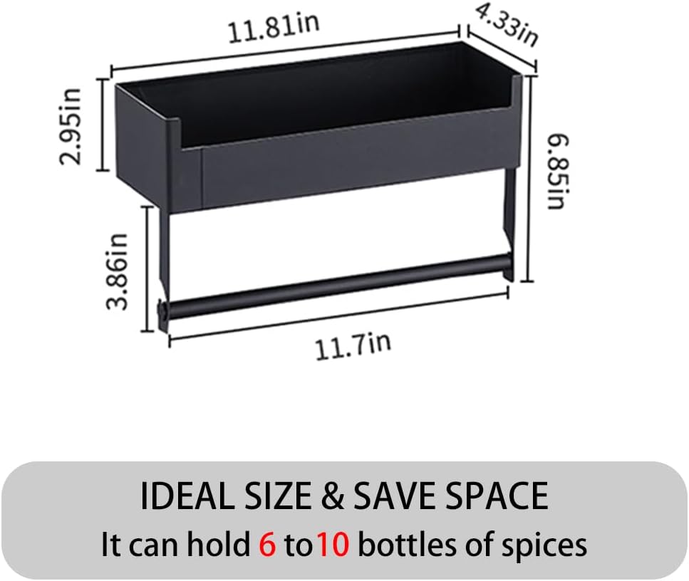 Magnetic Spice Rack Organizer for Refrigerator, with Paper Towel Holder Shelf for Small Kitchen Storage (Black)