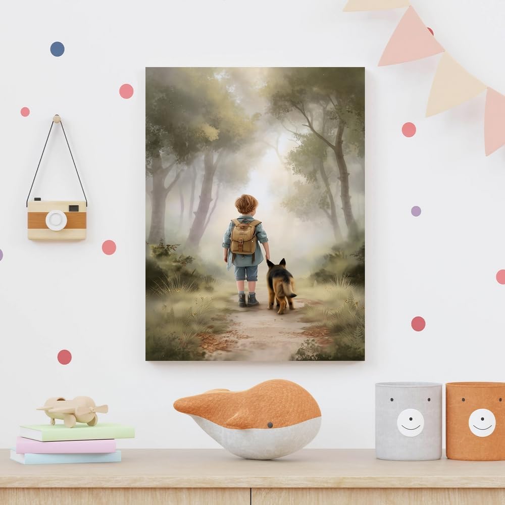 SKYSUKEY 16"x24" Boy and Dog Friend German Shepherd Dog Adventure Nursery Wall Decor, Outdoor Forest Nursery Wall Art
