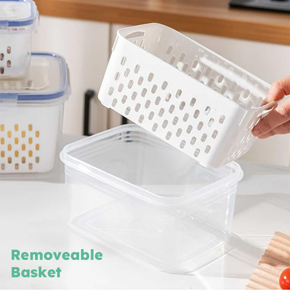 iayokocc 2 Pack Fruit Storage Containers for Fridge, Stackable Food Storage Containers with Removable Colander, Refrigerator Organizer with Drain Baskets Lids- Keeping Food Fresh Longer