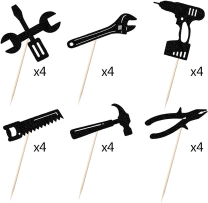 24PCS Tools Cupcake Topper, Construction Tools Cake Decorating for Boys & Men Birthday Party