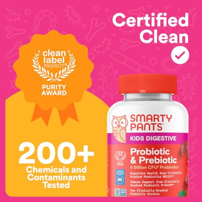 SmartyPants Kids Probiotic & Prebiotic Gummies for Digestive Health: Gut Health Supplement, Clinically Studied Prebiotic for Immune Support, Strawberry, 60 Count (30 Day Supply)