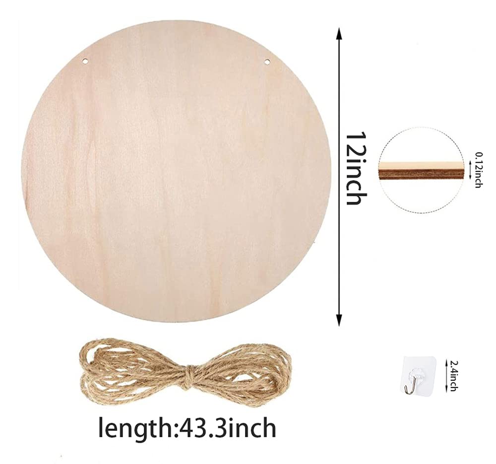 Feill 3 Pieces 12 Inch Wood Circles Sign - Unfinished Blank Wooden Circle with Twine & Hook for DIY Crafts, Door Hanger, Sign, Wood Buring, Painting, Christmas Decor