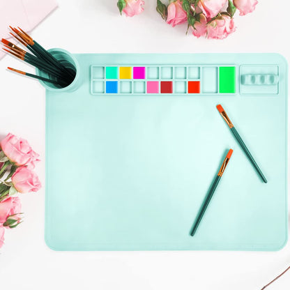 OSDUE Silicone Painting Mat, 20" x 16"Silicone Art Mat with Cup, Kids Painting Mats for Crafts - Thick Large Artist Mats for Resin DIY Drawing Clay and Play Doh - (Blue)