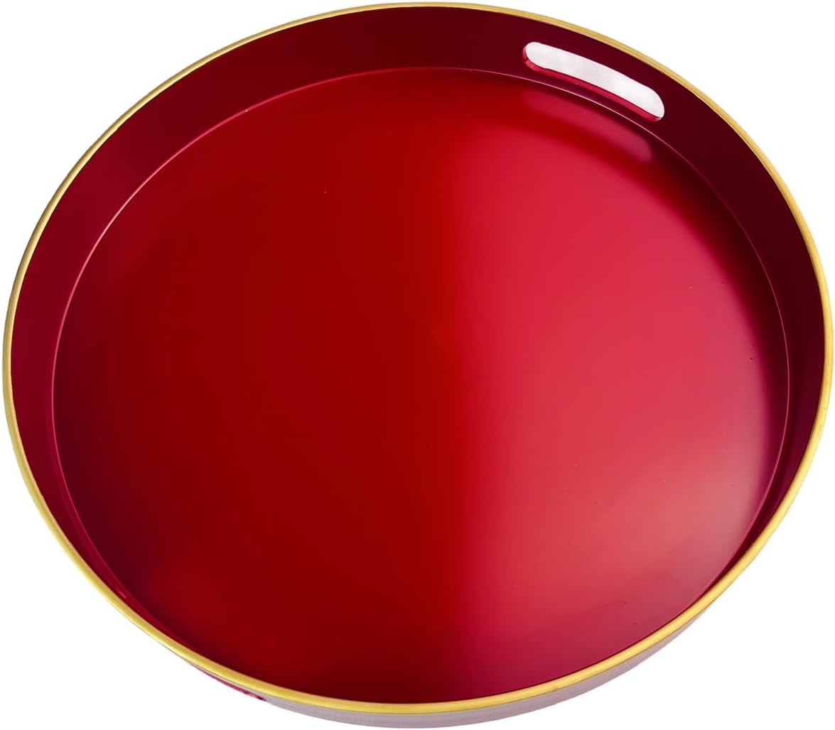 13" Round Decorative Tray, Red Serving Tray with Handles, Plastic Coffee Table Tray for Ottoman, Living Room, Bathroom