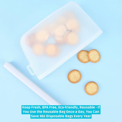 Reusable 100% Silicone Food Storage Bags, Sandwich Snack Bags New Generation Stand Up Zip Container for Soup and Leftovers, Plastice & BPA Free, Microwave Oven Safe 2 Pack (500ml) Vari (Blue)