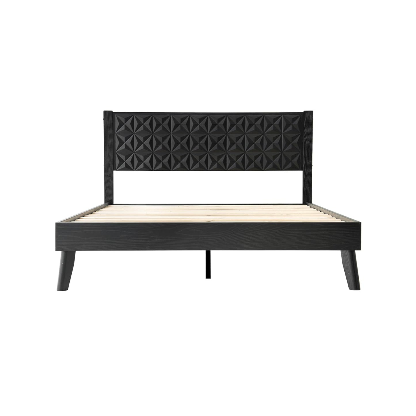 Queen Size Platform Bed Frame with Headboard & Footboard, Center Metal Legs, 12 Solid Wood Slatted Base, Easy Assembly, No Box Spring Needed, Noise-Free & Anti-Slip, Ebony Oak Finish UPQ-35
