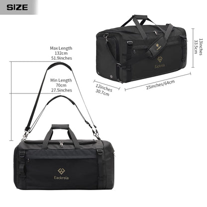 Eackrola Large Sports Gym Bag, Travel Duffel bag with Wet Pocket & Shoes Compartment for men women, 65L, Lightweight（Black）