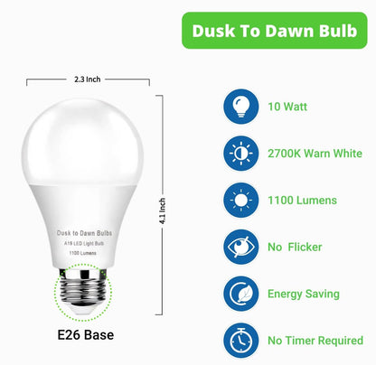 4-Pack Dusk to Dawn LED Light Bulbs, 75W Equivalent, Daylight 5000K 1,100LM, Automatic On/Off Outdoor Light, E26 A19 10W Bright Porch Light Bulbs, for Indoor/Outdoor Yard Patio Garage Garden