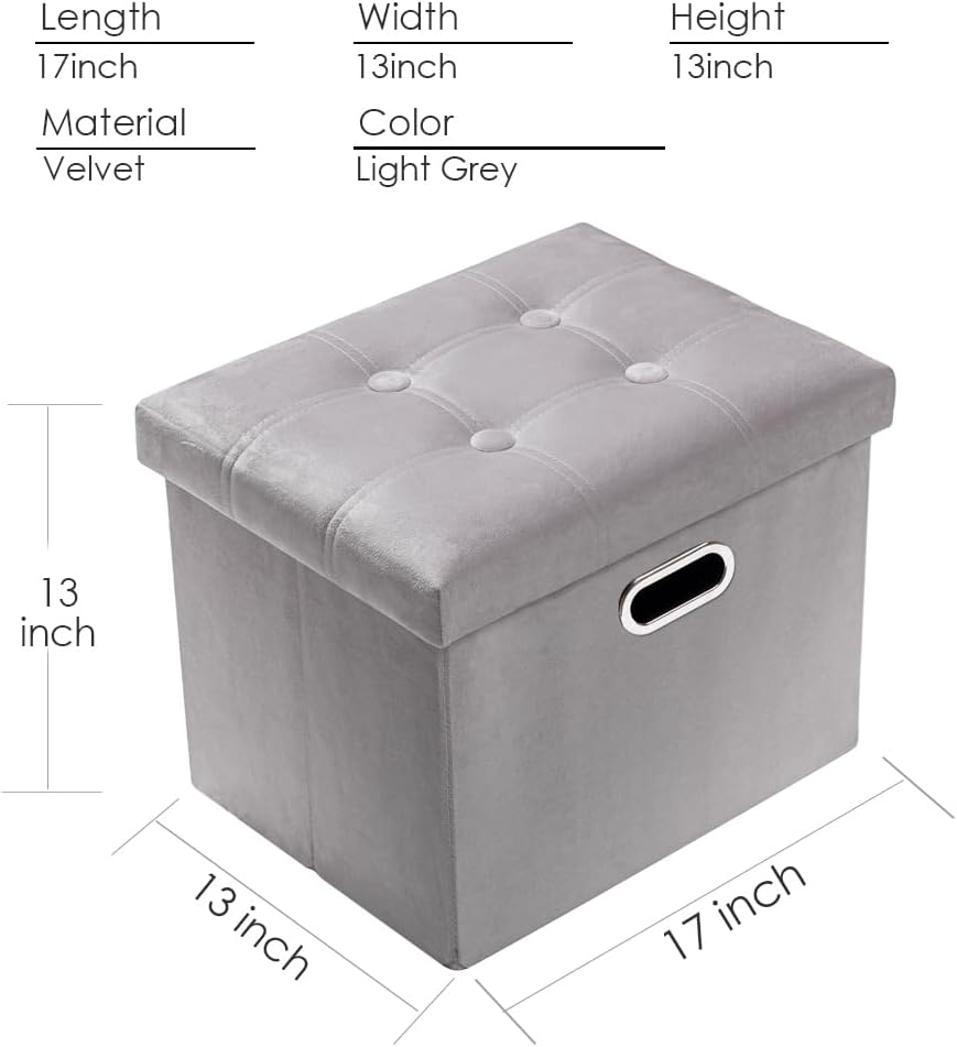 PRANDOM Ottoman with Storage [1-Pack], Velvet Folding Small Square Foot Stool with Lid for Living Room Bedroom, Light