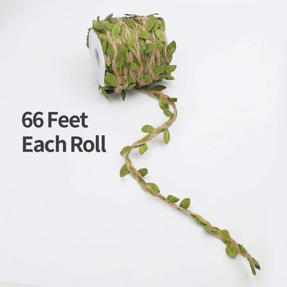 Tenn Well Burlap Leaf Ribbon, 132Feet 5mm Jute Twine Vine with Artificial Leaves for Crafts, Wedding, Jungle Party Decor (2PCS x 66Feet)