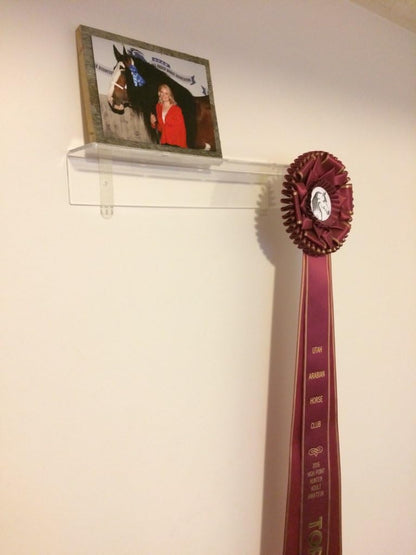 Acrylic Award Ribbon Display Shelf, Clear Wall Mount, Set of 2, Fits 3 in Wide Trophies and Pictures