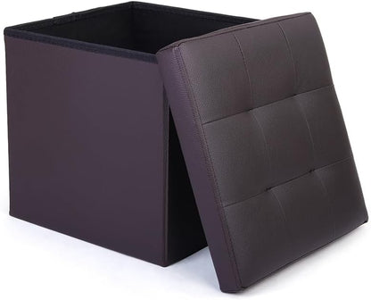 Ottoman,13x12x12 inch LotFancy Storage Ottoman Cube, Brown Foot Stool Square Ottoman with Lid, Faux Leather Seat