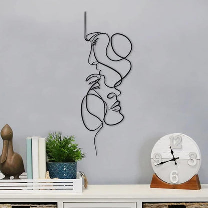 Minimalist Metal Wall Art, Abstract Iron Facial Line Sculpture, Modern Black Decor for Living Room Bedroom Office