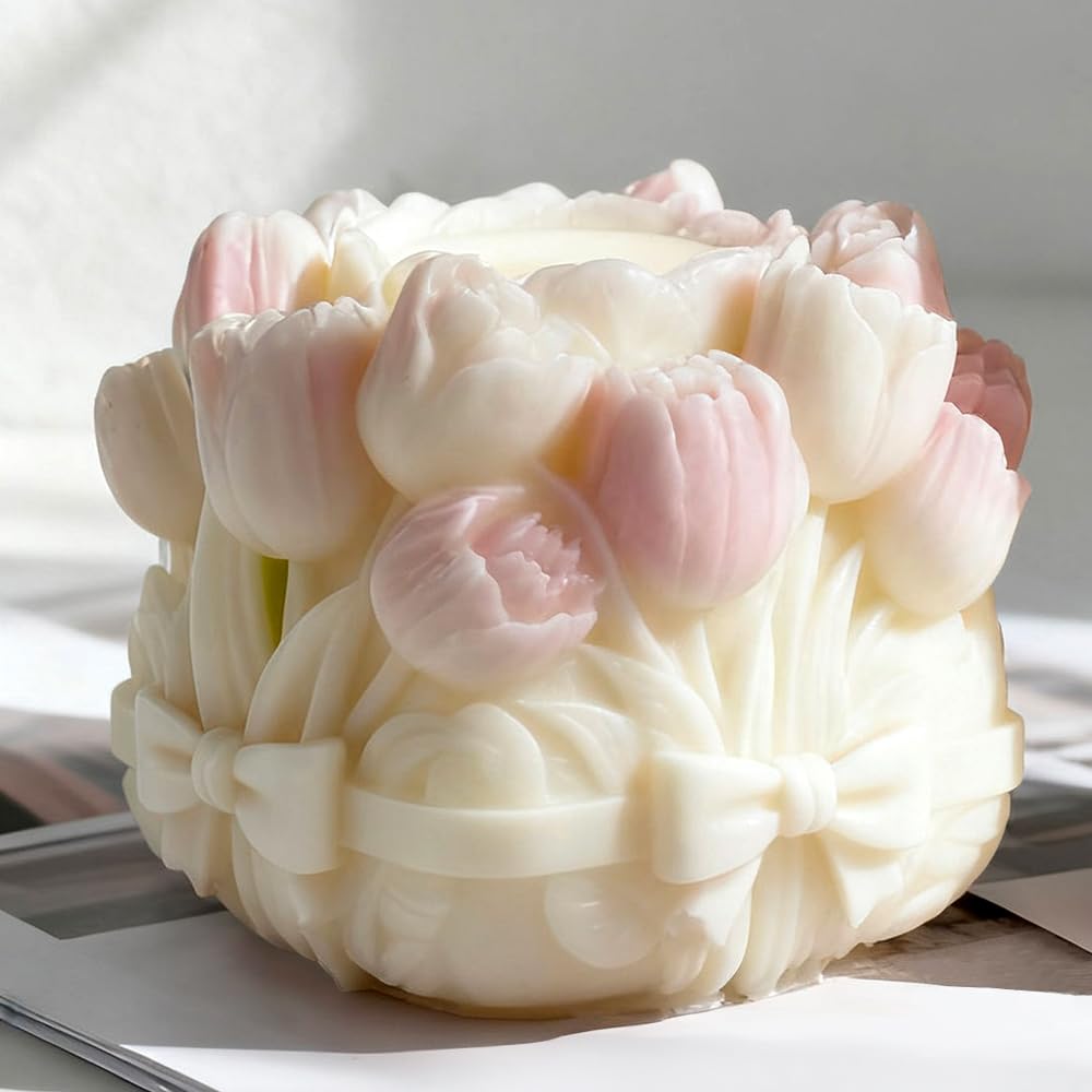 3D Tulip Bouquet Flower Silicone Mold for Scented Candles Handmade Soap Making Tulip Bouquets Cylinder Flower Molds Silicone Candle Molds for Candle Making Supplies Floral Decor Plaster Resin Mold