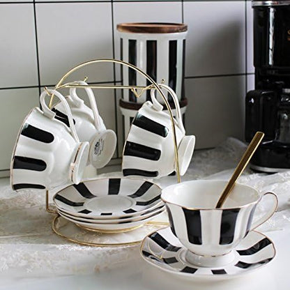 Black and White Retro Series Coffee Cup and Saucer Set - European Striped Polka Dot Mug Cake Plate