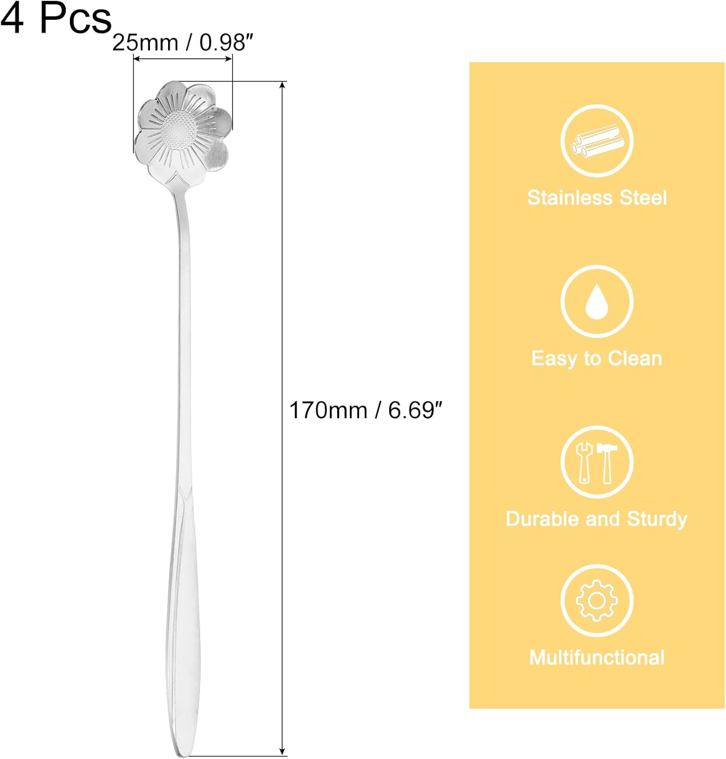 uxcell 4Pcs Stainless Steel Flower Spoon, 7 Inch Long Handle Teaspoon for Ice Cream, Coffee, Cocktail Mixing, Silver