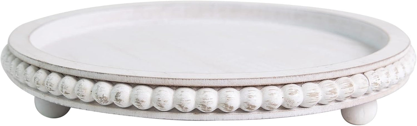 12in HPC Decor Round Wood Tray - White, Distressed, Farmhouse Rustic - Decorative Tray for Living Room, Coffee Table