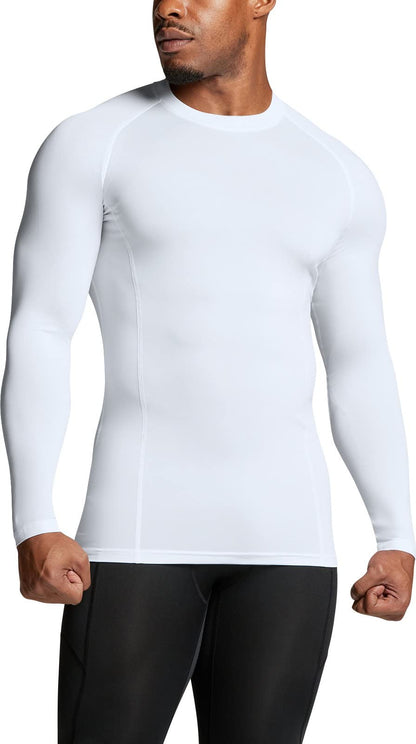 ATHLIO Men's UPF 50+ Long Sleeve Compression Shirts, Water Sports Rash Guard Base Layer, Athletic Workout Shirt, 3pack White/White/White, Large