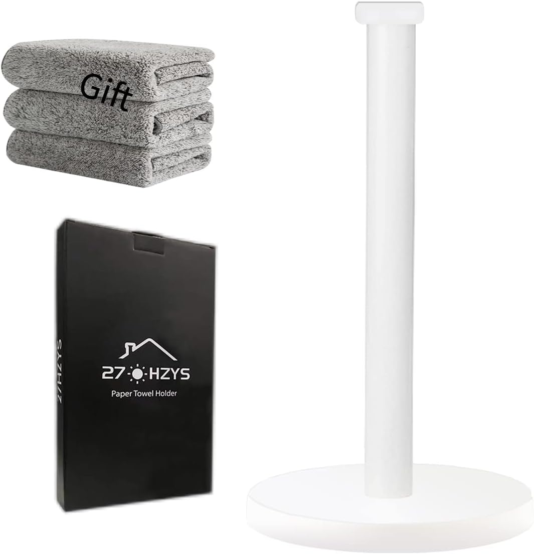 White Paper Towel Holder, Standing Countertop Roll Holder for Kitchen, Convenient Paper Towel Storage