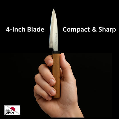 Japanese Paring Knife 4-Inch, High Carbon Stainless Steel Fruit Knife with Wooden Handle and Sheath, Small Utility Kitchen Knife for Peeling, Coring, Mincing, Made in Japan