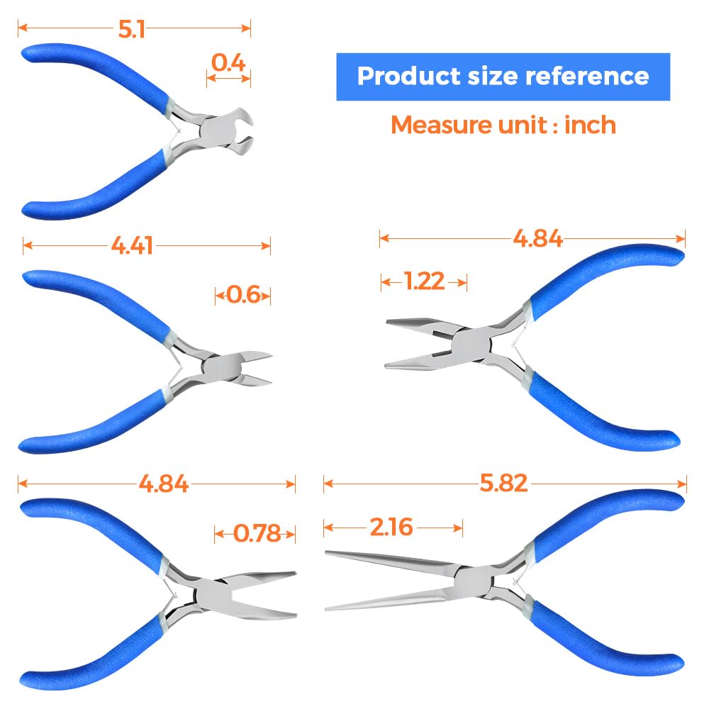 LIFEGOO 5 Pieces Mini Pliers Set – Durable Precision Tool Kit for Crafts, Jewelry & DIY, Includes Long Needle Nose, Bent Nose, Diagonal, End Cutting, Nipper (Blue)