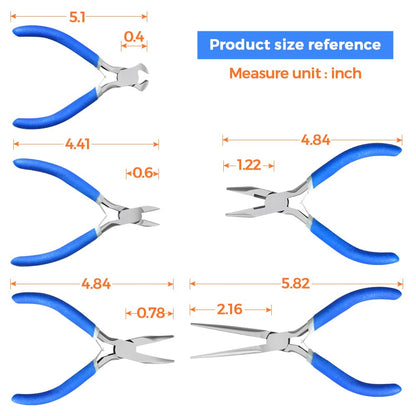 LIFEGOO 5 Pieces Mini Pliers Set – Durable Precision Tool Kit for Crafts, Jewelry & DIY, Includes Long Needle Nose, Bent Nose, Diagonal, End Cutting, Nipper (Blue)