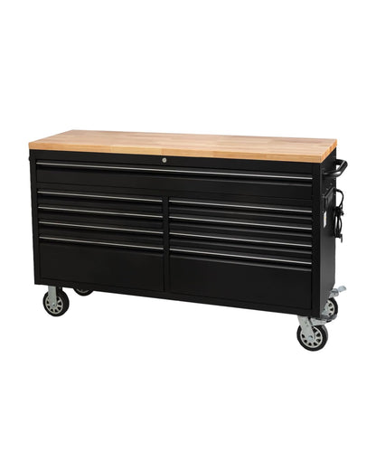 GarveeTech 61-Inch Heavy-Duty Rolling Tool Chest & Mobile Workbench with 9 Drawers, Rubber Wood Tabletop, Key Locking System, Drawer Liners and Wheels, Steel Storage Cabinet for Garage, Workshop