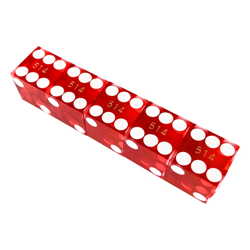 Yuanhe Set of 5 Grade AAA Precision 19mm Serialized Casino dice with Razor Edges and Corners - red …