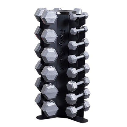 Body-Solid 3-Side Vertical Dumbbell Rack for 5-50 lb. - Compact, Space-Saving Weight Holder for Home Gym, Holds upto 10 Pair of Dumbbells with Medicine Ball Storage Tray