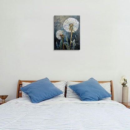 Dandelion Canvas Wall Art - Framed Wildflower Botanical Painting | Serene Blue Gray Decor, 12x16 Inches