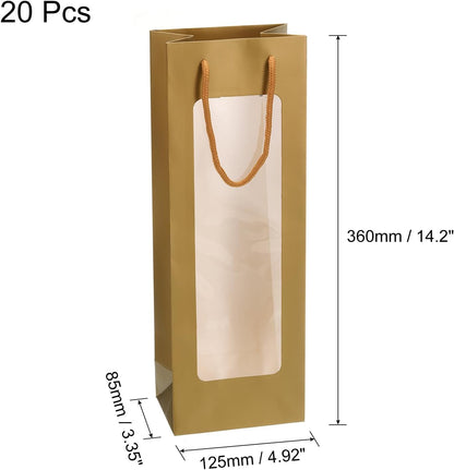 uxcell Wine Bags - 20pcs 4.92"x3.35"x14.2" Paper Tote Bags with Rope Handles, Clear Window for Party Supplies, Gold