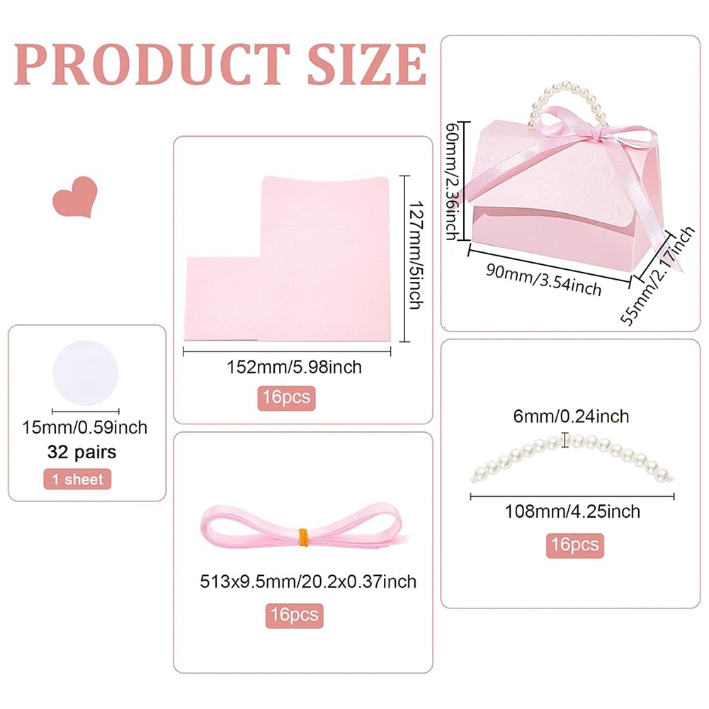 BENECREAT 16Set Wedding Favors Box DIY Set, Pink Kraft Paper Box with Pearl Handle, Ribbons, Stickers, Gift Boxes for Birthday, Party Favor, Boutique, Wedding and Anniversary