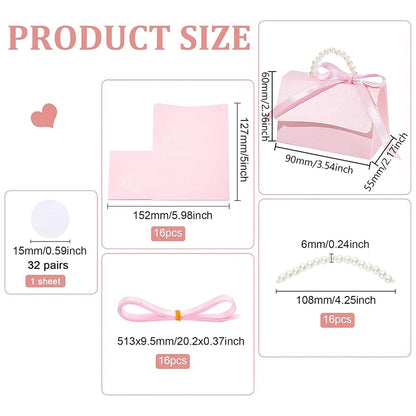 BENECREAT 16Set Wedding Favors Box DIY Set, Pink Kraft Paper Box with Pearl Handle, Ribbons, Stickers, Gift Boxes for Birthday, Party Favor, Boutique, Wedding and Anniversary